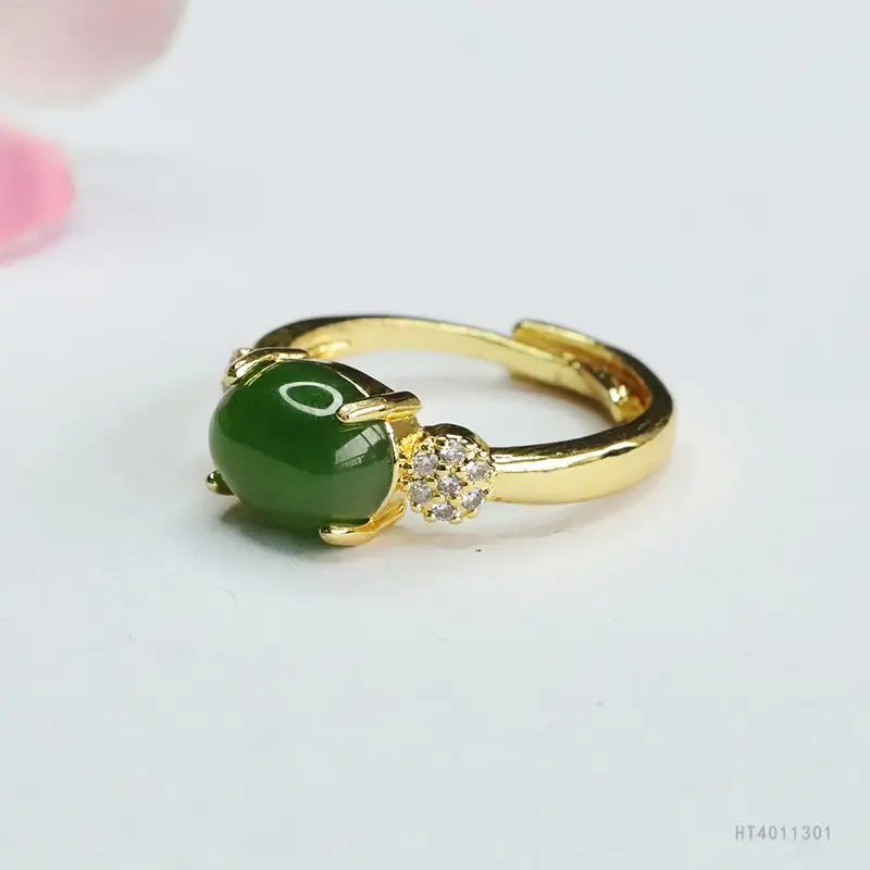 Green Jade Spinach Ring for Women Gold Plated - Image 4