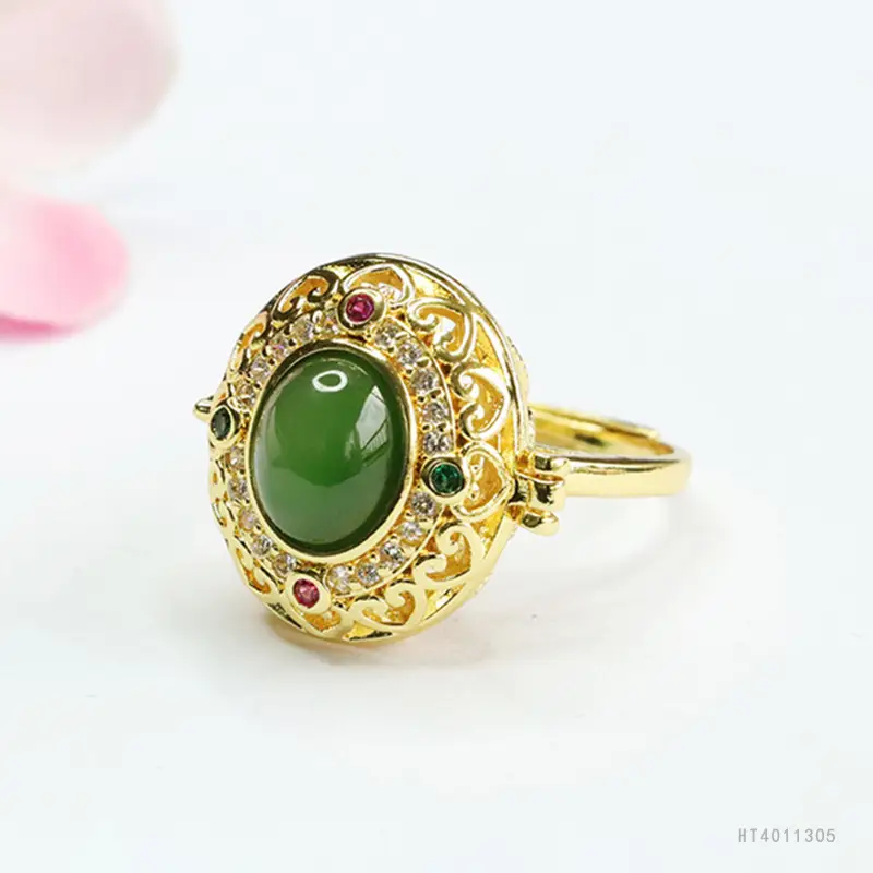 Green Jade Spinach Ring for Women Gold Plated