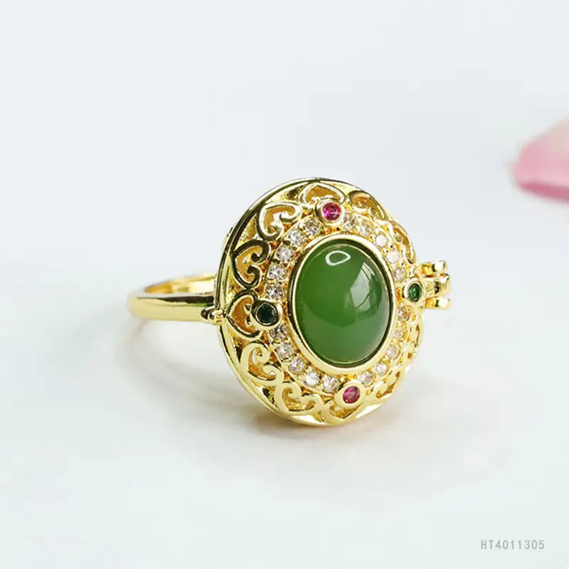 Green Jade Spinach Ring for Women Gold Plated