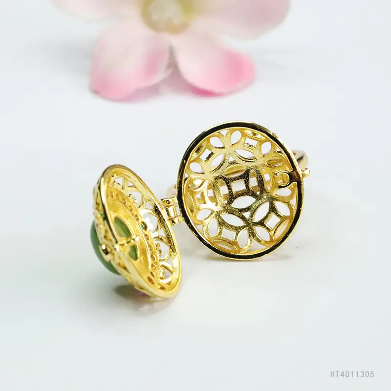 Green Jade Spinach Ring for Women Gold Plated