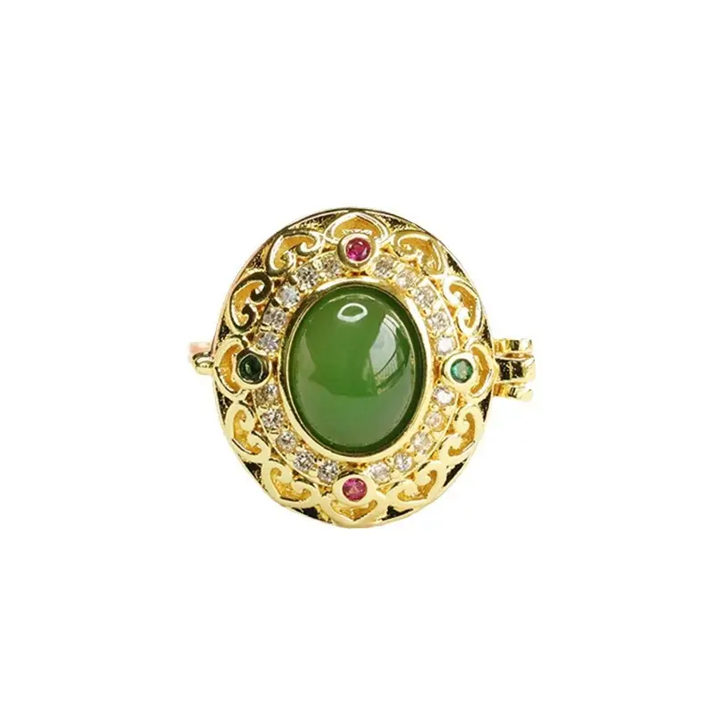 Green Jade Spinach Ring for Women Gold Plated