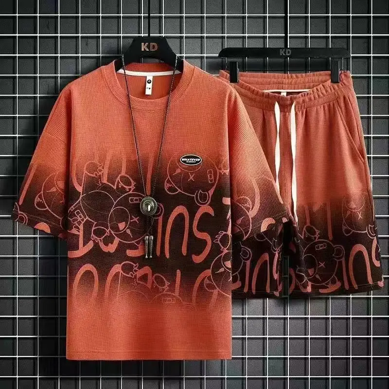 Men Casual Graphic Print Shorts Set Orange - Image 5