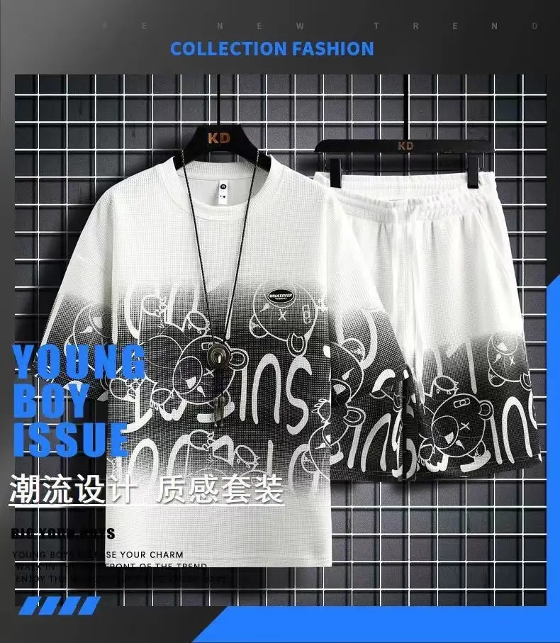 Men Casual Graphic Print Shorts Set Orange — feature 1
