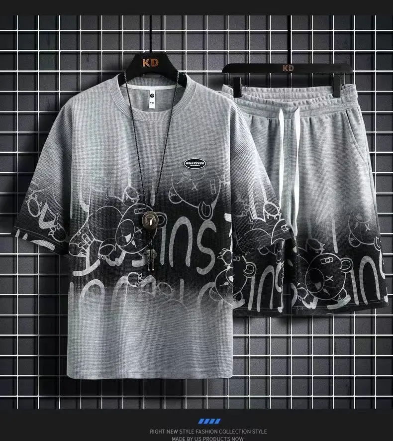 Men Casual Graphic Print Shorts Set Orange — feature 10