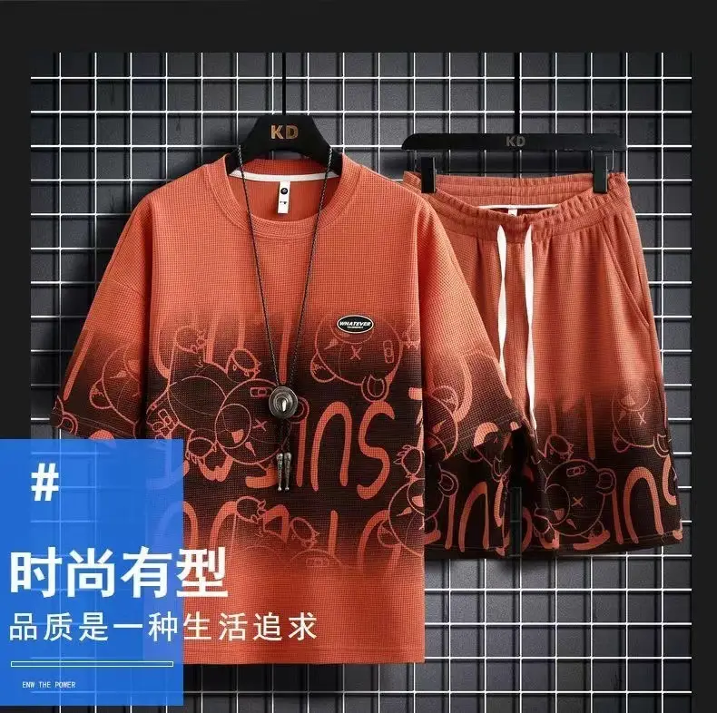 Men Casual Graphic Print Shorts Set Orange — feature 2