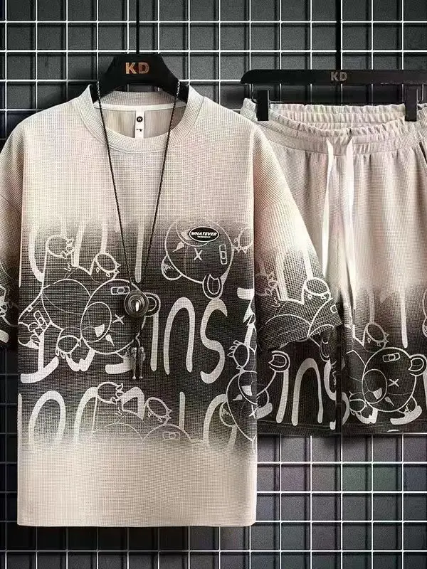 Men Casual Graphic Print Shorts Set Orange — feature 24