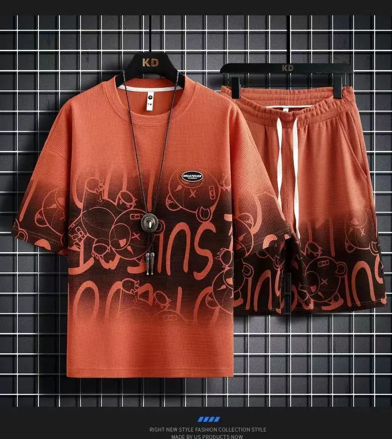 Men Casual Graphic Print Shorts Set Orange — feature 8