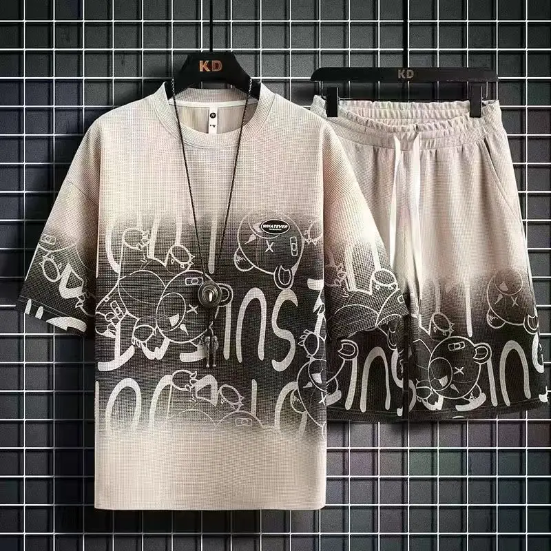 Men Casual Graphic Print Shorts Set Orange - Image 2