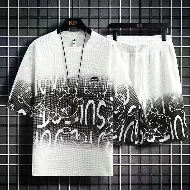 Men Casual Graphic Print Shorts Set Orange - Image 3