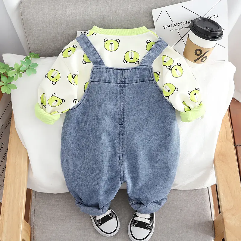 Baby Cartoon T-Shirt & Strap Suit Blue Denim Bear Cute