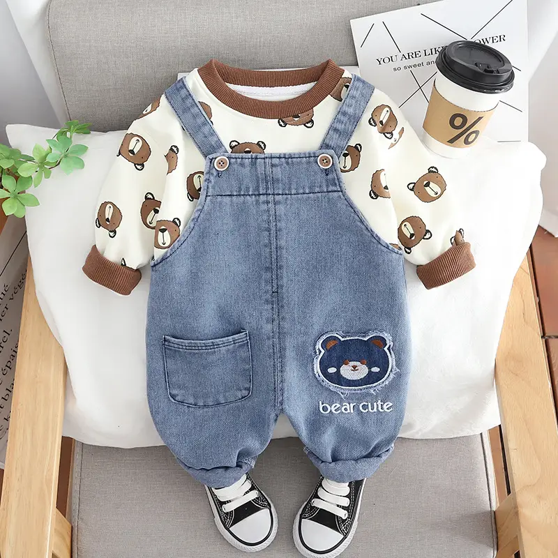 Baby Cartoon T-Shirt & Strap Suit Blue Denim Bear Cute