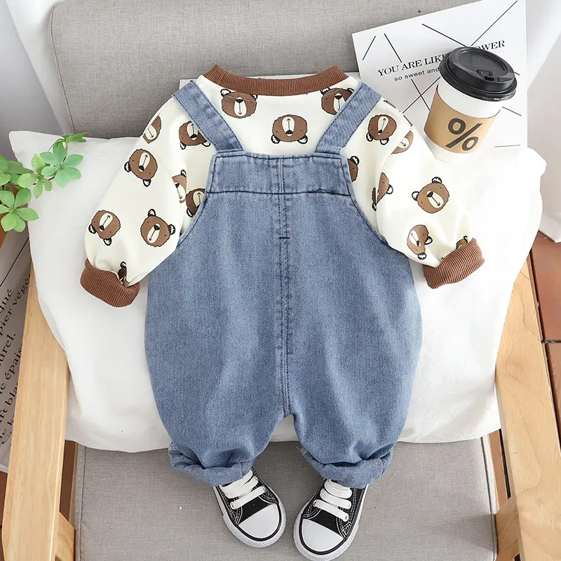 Baby Cartoon T-Shirt & Strap Suit Blue Denim Bear Cute