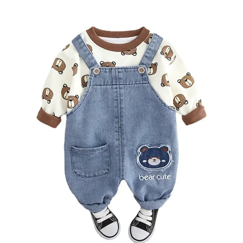 Baby Cartoon T-Shirt & Strap Suit Blue Denim Bear Cute