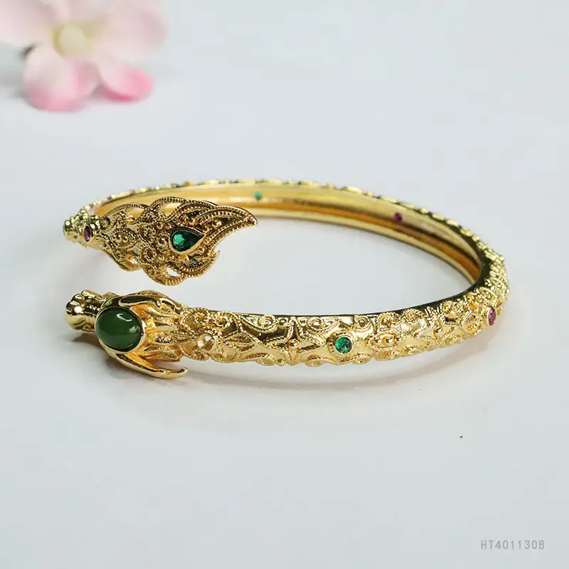 Guan Yu Jade Dragon Bracelet Gold Green Stone