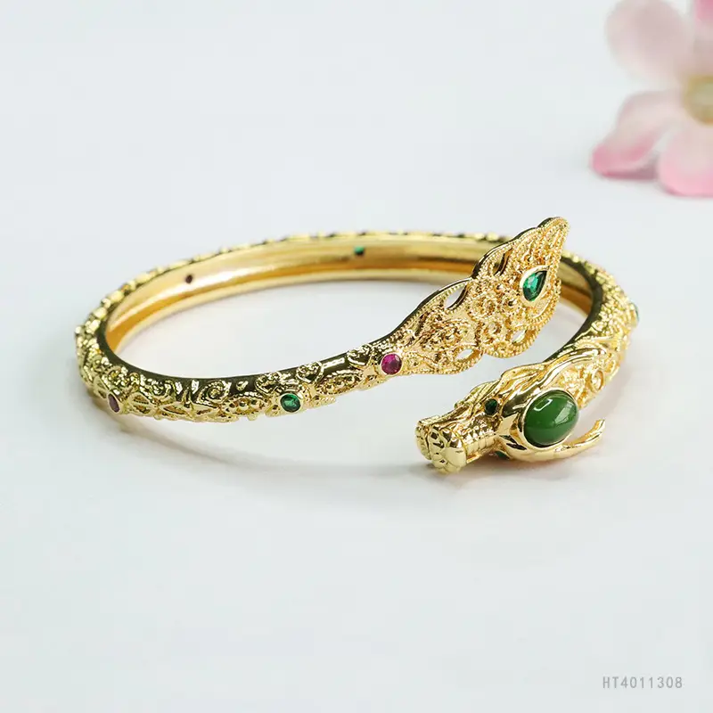 Guan Yu Jade Dragon Bracelet Gold Green Stone