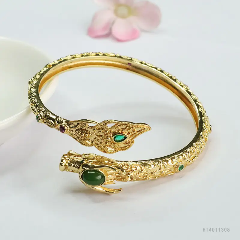 Guan Yu Jade Dragon Bracelet Gold Green Stone