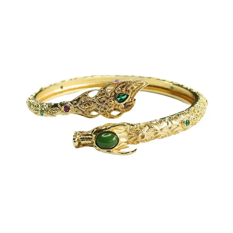 Guan Yu Jade Dragon Bracelet Gold Green Stone