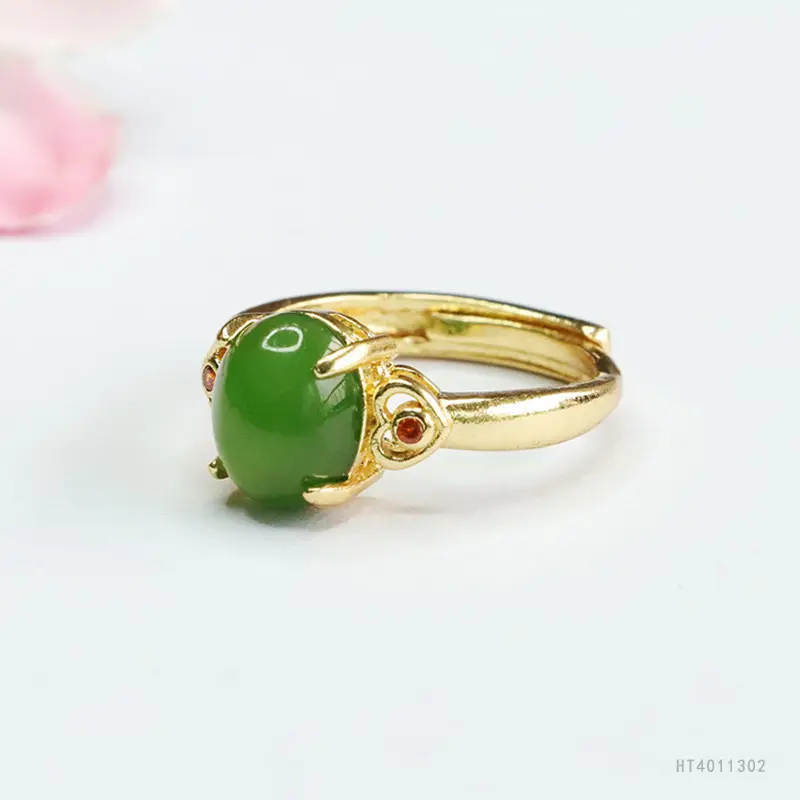 Spinach Green Jade Ring with Gold Plated Design - Image 3