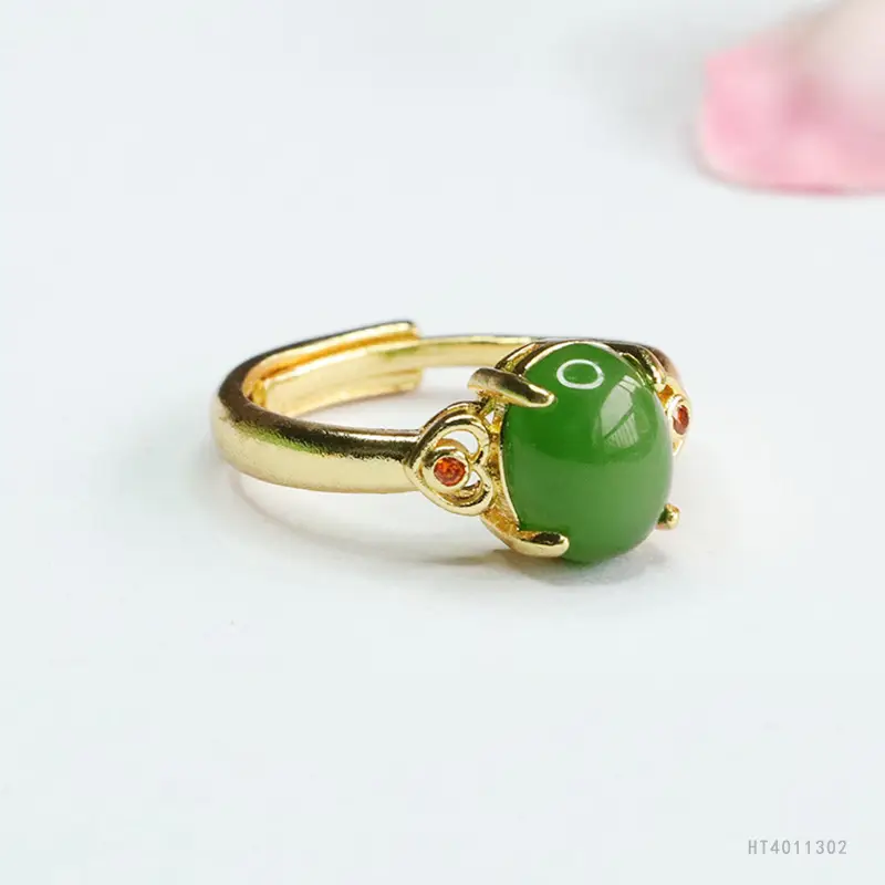 Spinach Green Jade Ring with Gold Plated Design - Image 4