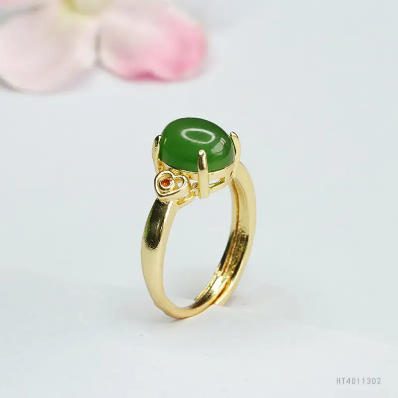 Spinach Green Jade Ring with Gold Plated Design - Image 5