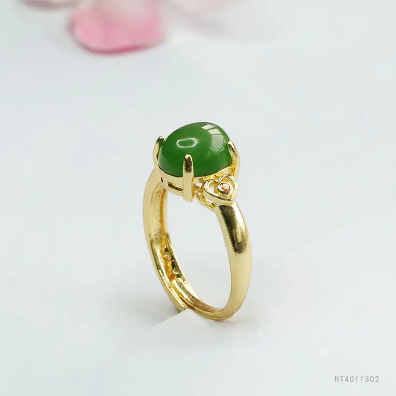 Spinach Green Jade Ring with Gold Plated Design — feature 8