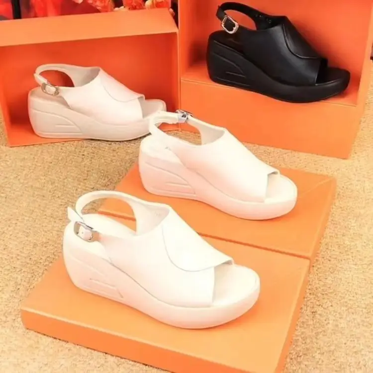 Thick-Soled Soft Leather Sandals for Women 2024 High Heels Soft Sole Height-Increasing Peep-Toe Platform Casual Versatile Sequins - Image 5