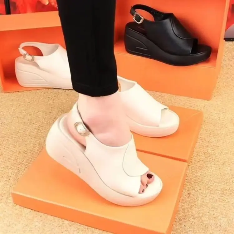 Thick-Soled Soft Leather Sandals for Women 2024 High Heels Soft Sole Height-Increasing Peep-Toe Platform Casual Versatile Sequins — feature 5