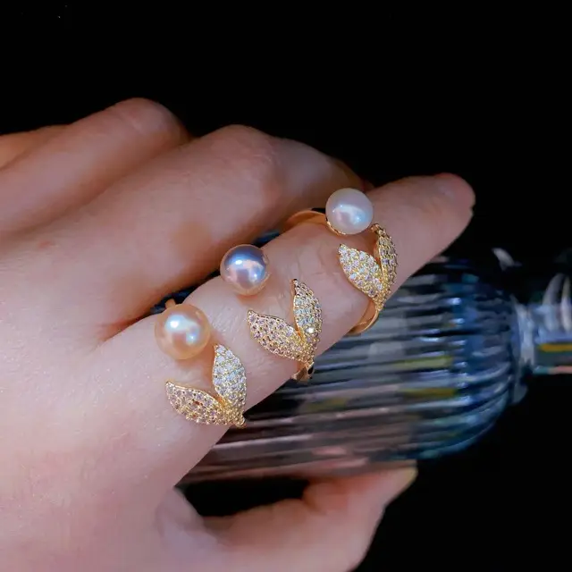 Women's Pearl Leaf Design Adjustable Ring - Image 6