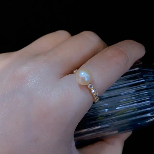 Natural Freshwater Pearl Ring with Zircon & Drill Design - Image 2