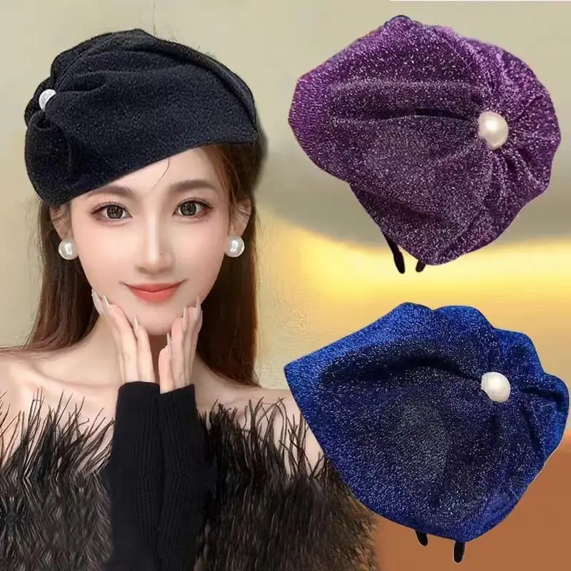 Dark Blue Velvet Headband with Pearl Earrings for Women - Image 8