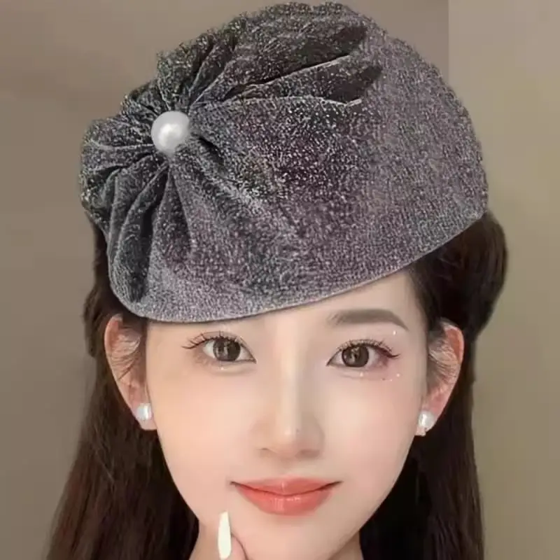 Dark Blue Velvet Headband with Pearl Earrings for Women - Image 11