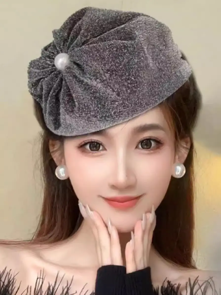 Dark Blue Velvet Headband with Pearl Earrings for Women — feature 11