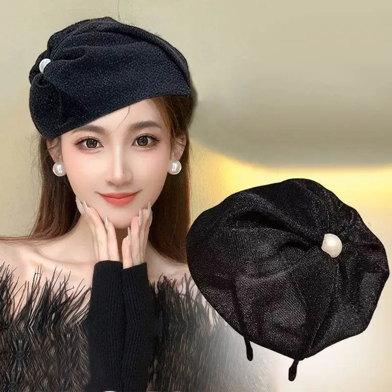 Dark Blue Velvet Headband with Pearl Earrings for Women — feature 4