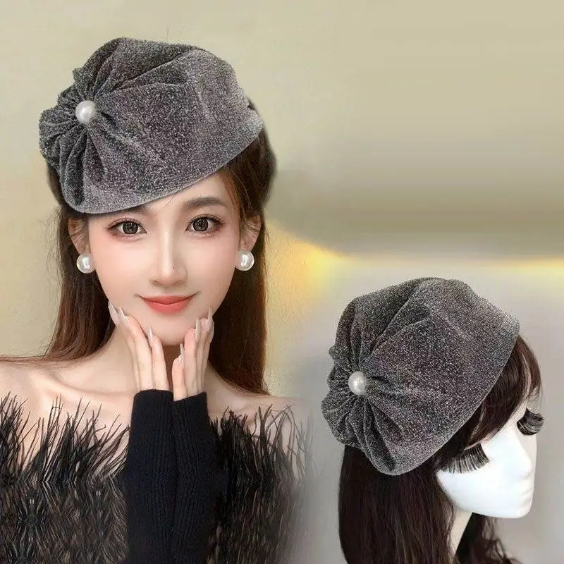 Dark Blue Velvet Headband with Pearl Earrings for Women — feature 5