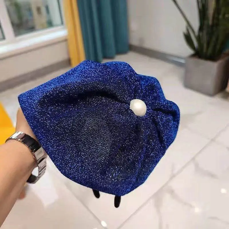 Dark Blue Velvet Headband with Pearl Earrings for Women - Image 2