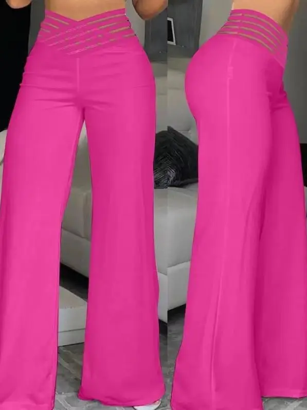 2024 Women's Black Micro Belt Trousers Wide Leg Casual