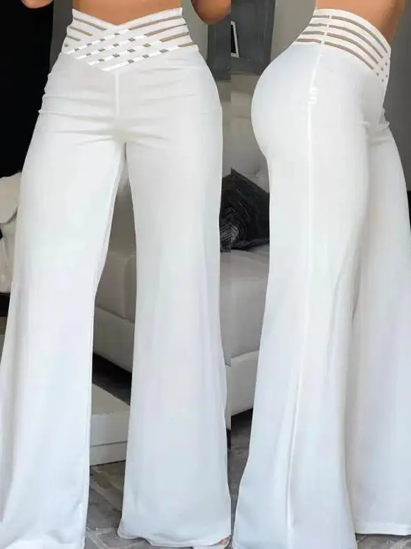 2024 Women's Black Micro Belt Trousers Wide Leg Casual