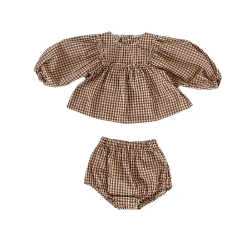Korean Style Baby Girl Plaid Shirt & Shorts Set - Image 6