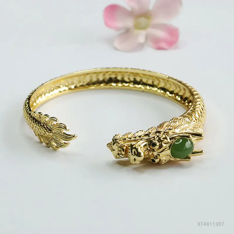 Guan Yu Jade Dragon Bangle Gold Green Stone - Image 3