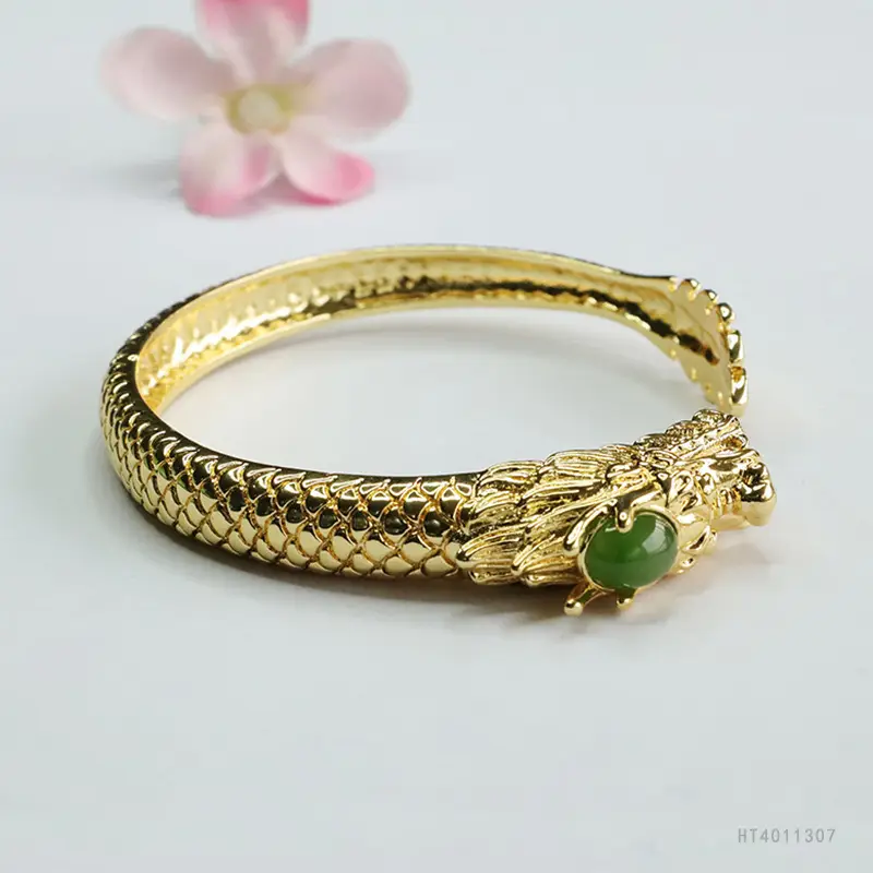 Guan Yu Jade Dragon Bangle Gold Green Stone - Image 4
