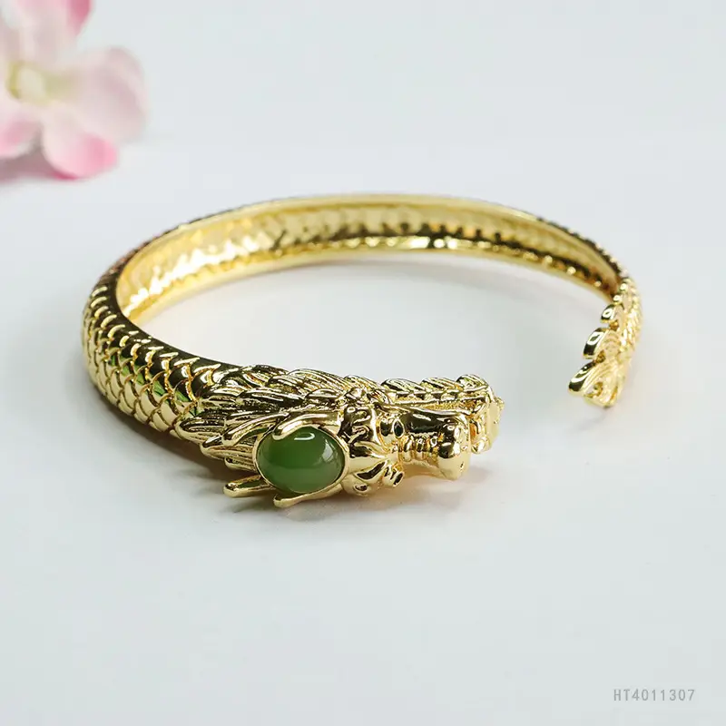 Guan Yu Jade Dragon Bangle Gold Green Stone - Image 5
