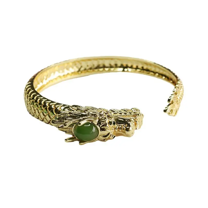 Guan Yu Jade Dragon Bangle Gold Green Stone - Image 6