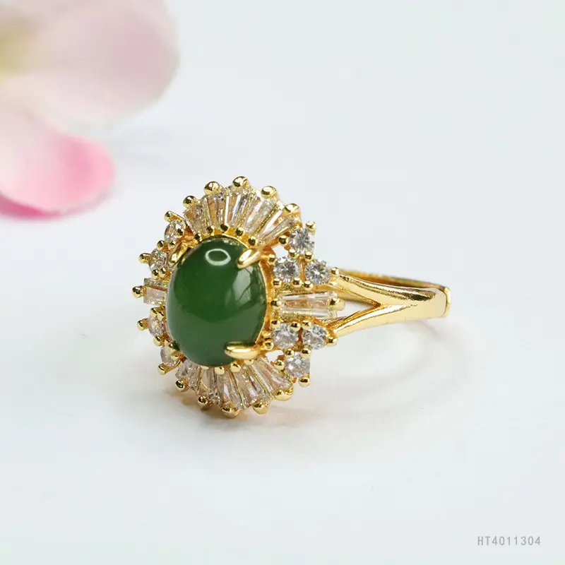 Guan Yu Green Jade Ring for Women Gold Plated - Image 3