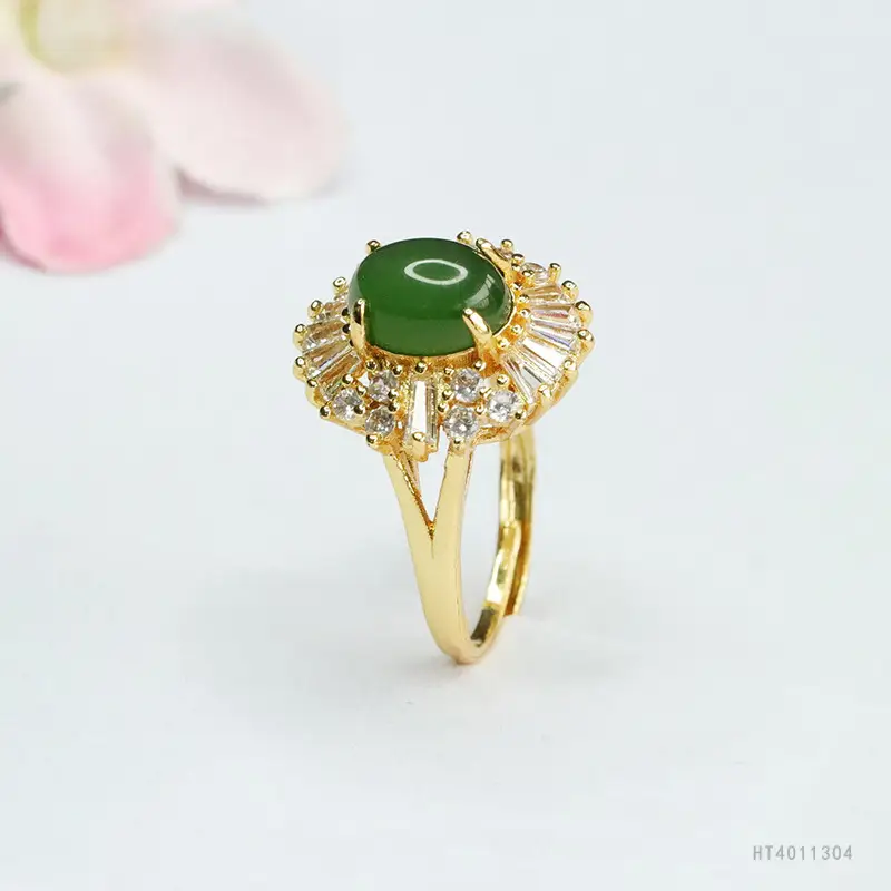 Guan Yu Green Jade Ring for Women Gold Plated - Image 5