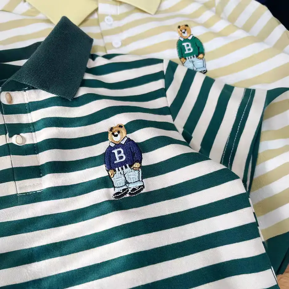 2025 Kids Striped Cotton Polo Shirt Green White - Image 5