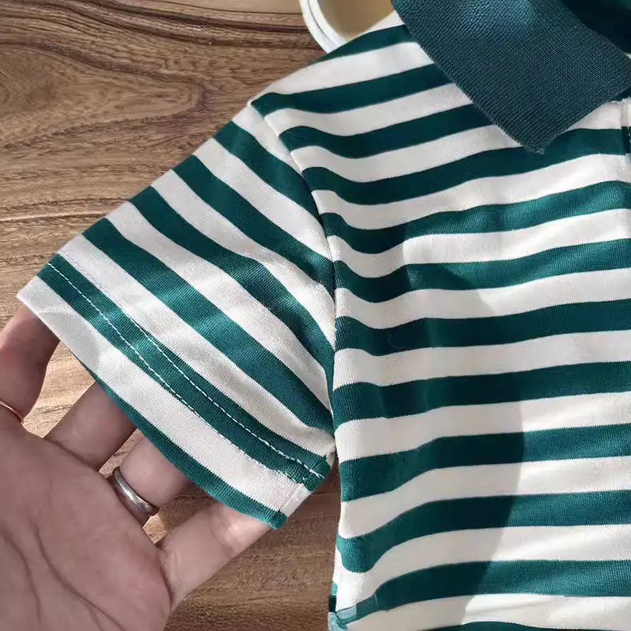 2025 Kids Striped Cotton Polo Shirt Green White - Image 6
