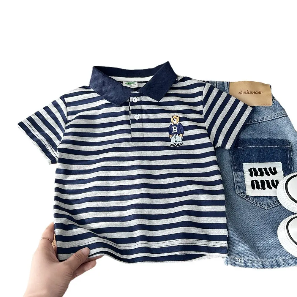 2025 Kids Striped Cotton Polo Shirt Green White - Image 8