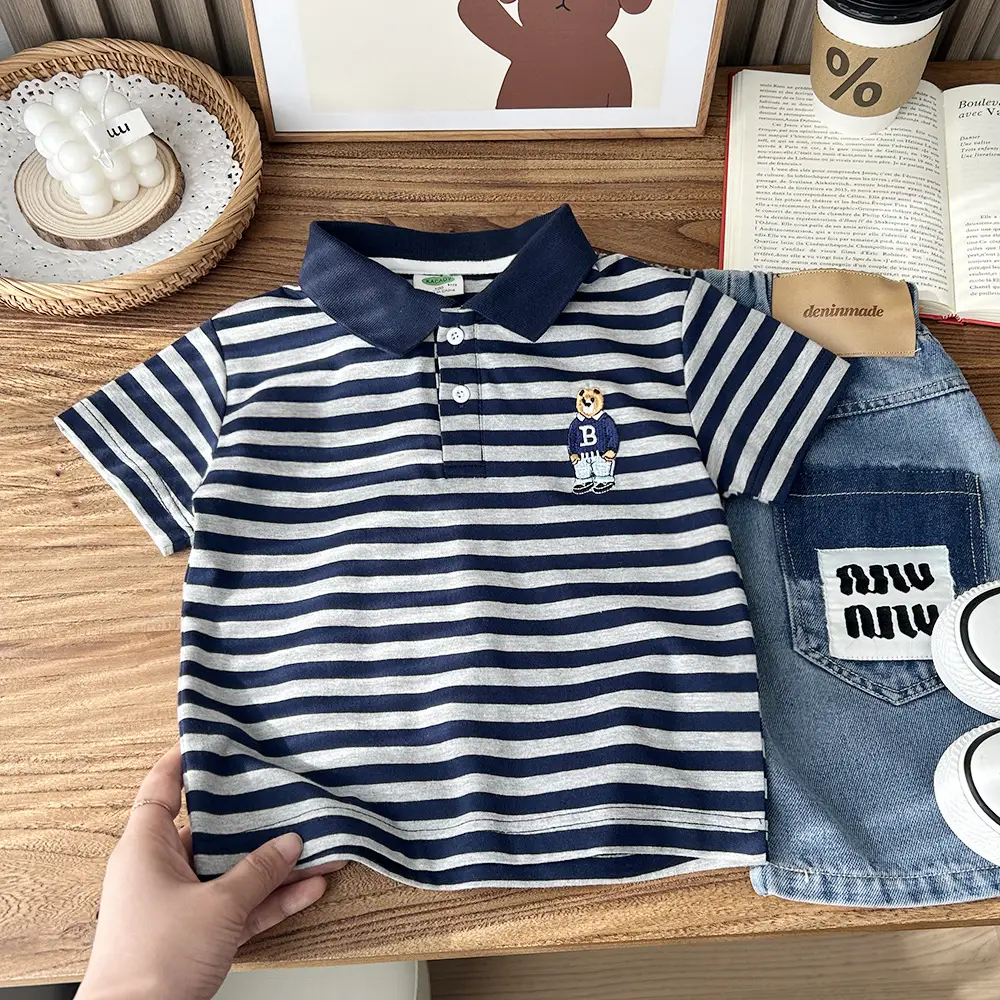 2025 Kids Striped Cotton Polo Shirt Green White — feature 2