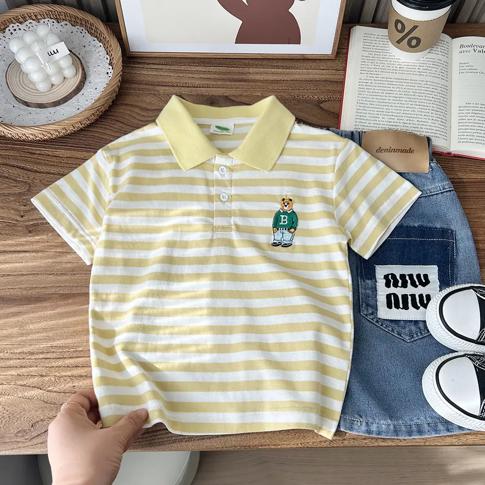 2025 Kids Striped Cotton Polo Shirt Green White — feature 3