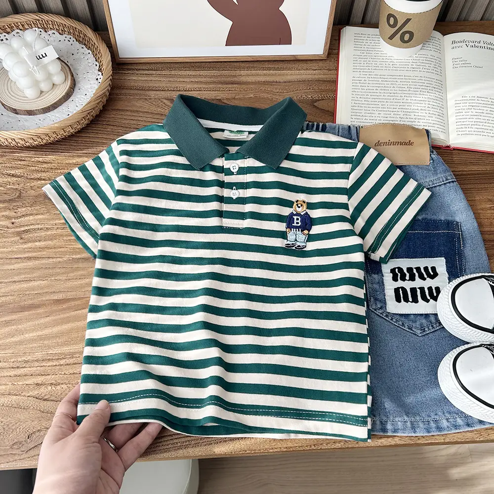 2025 Kids Striped Cotton Polo Shirt Green White — feature 4
